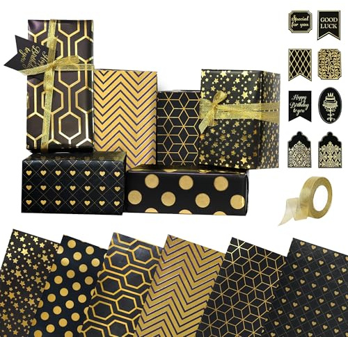 Birthday Wrapping Paper Set, 6 Sheets Metallic Black Gold Foil Wrapping Paper, Luxury Gift Wraps Set with Tags for Boys Girls