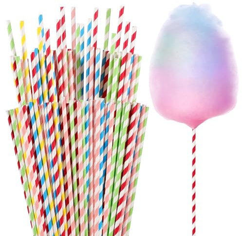 100Pcs Colorful Cotton Candy Sticks - 13.8 Inches Stripe Paper Sticks Cotton Candy Sugar Making Supplies, Extra Long Paper Straws for Party