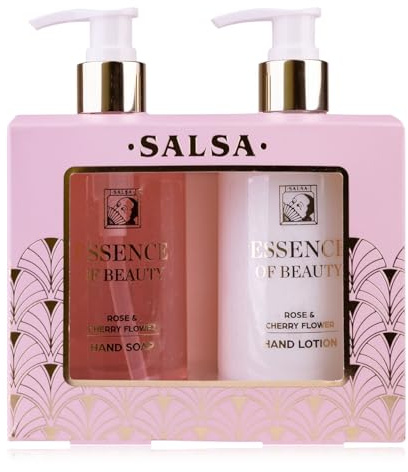 Accentra Set de cuidado de manos SALSA ESSENCE OF BEAUTY, jabón líquido 270ml, crema de manos y uñas 270ml, dispensador, aroma Rosa y Flor de Cerezo, regalo ideal para damas