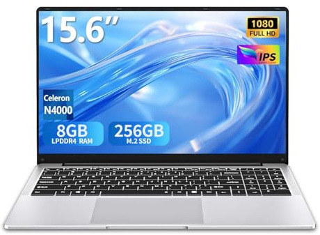 MOGIKK Ordenador Portátil 15,6 Pulgadas 8 GB RAM 256 GB SSD N4000 Procesador Pantalla IPS Full HD WiFi 5 BT Mini HDMI Laptop Bisagra de 180 Grados Peso Ligero de 1,6 kg para Estudiantes y Empresas.