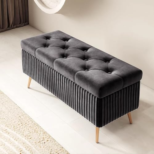 S3YT8U Luxury Velvet Storage Bench with Metal Legs - Rectangular Foot Stool with Reversible Tray Lid for Living Room Bedroom Entryway - 40x40x45cm (16x16x18inch)