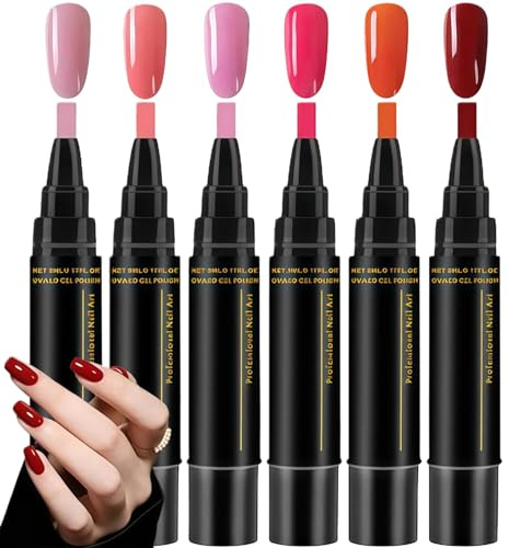 6PCS Gel Nail Polish Pens, 3-in-1 Self-Made Nail Varnish Set, No Base Coat Required, Quick Dry Under LED Lamp in 1 Minute, 6 Colors, DIY Manicure Kit for Home Salon