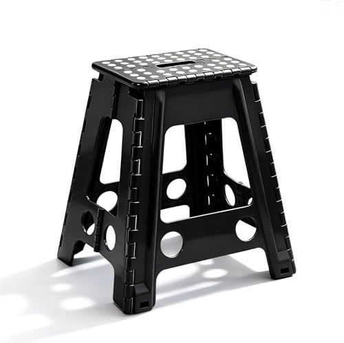 Sgabello Scalino Pieghevole Portatile - Altezza 45 cm - Portata Fino a 150 kg - Con Maniglia per il Trasporto - Stabile per Cucina, Bagno, Camera dei Bambini, Ingresso e Campeggio - Nero