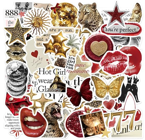 HMCEY 50 Piezas Pegatinas Aesthetic Scrapbooking Rojas Doradas,Pegatinas Decorativas Album Fotos,Laptop Stickers Bullet Journal Vintage,Journaling Pegatina Portatil Impermeable para Maletas, Bcicleta