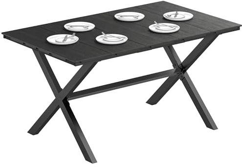 Outsunny Table de Jardin Rectangulaire 4-6 Personnes 150x90x74 cm Noir | Table à Manger Extérieure, Plateau en HDPE Effet Bois, Pieds Métalliques en X, Balcon, Porche, Terrasse