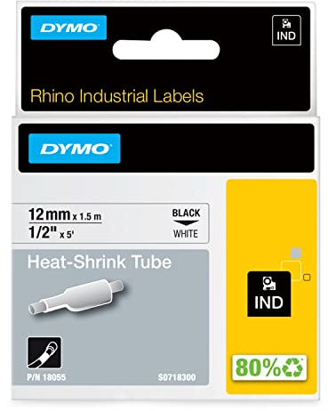DYMO Rhino Industrial Heat-Shrink Cable Label Tubes | 12mm x 1.5m | Black Print on White | for Rhino Label Makers