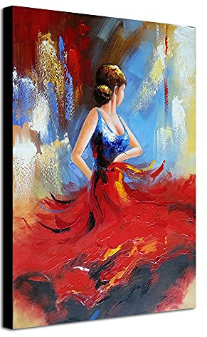 Wieco Art Flying Skirt Abstract Dancing People Oil Paintings on Canvas Wall Art work for Living Room Bedroom Home Decorations Wall Decor Large Modern Stretched and Framed Red Girl Dancer Artwork 24x36
