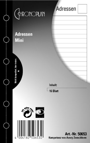 Chronoplan 50653 Adress-Einlagen zum Nachfüllen für Terminplaner Mini (79x125 mm, 16 Adressblätter mit Universallochung, 80g/m², übersichtliche Adresssammlung von Kontaktdaten, für viele Organizer)