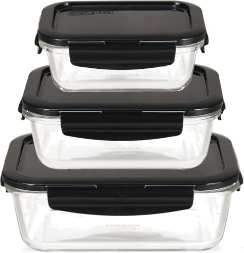Lock & Lock Boroseal Glass Food Storage Containers with Lids - Set of 3 Boxes - Square - for Ovens, Microwaves & Freezers - 160 ml, 380 ml, 630 ml