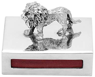 Brillibrum Caja de estaño de diseño para fósforos con figura de león, incluye grabado personalizable, caja de cerillas de metal plateado, figura decorativa de león
