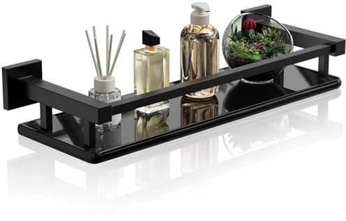 Alise Bathroom Glass Shelf with Stainless Steel Railing, Matte Black Small Tempered Glass Floating Wall Shelf Over The Toilet, 16 inch