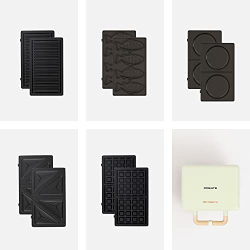 CREATE/STONE STUDIO/Sandwichera-Grill y gofrera doble verde / 5 placas intercambiables: Grill, Gofre, Sandwich, Taiyaki y Tortitas, antiadherente, apertura 100º, autoapagado, retro, 800W