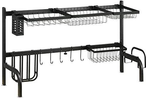 HOMCOM Large Dish Drainer Rack Over The Sink, 2 Tier Adjustable Dish Drainer 51-93cm, Space Saving Kitchen Counter Shelf Organiser, Black