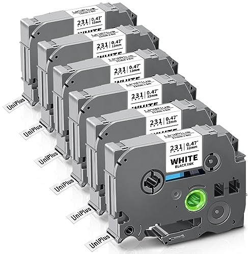 UniPlus 6x Compatible Tze-231 pour Brother P-touch 12mm Tapes TZe231 Tz 231 | Tzc231 Ruban Laminé Noir sur Blanc pour P-Touch PT-H100lb PT-H105 PT-D210 PT-D200 PT-E110 PT-H100r PT-H108 PT-1010 PT-1000