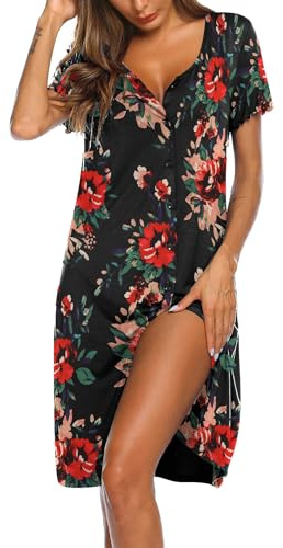 Ekouaer Chemise de Nuit Femme Manches Courtes Vêtements de Nuit Boutons Devant Robe de Nuit Été Col V