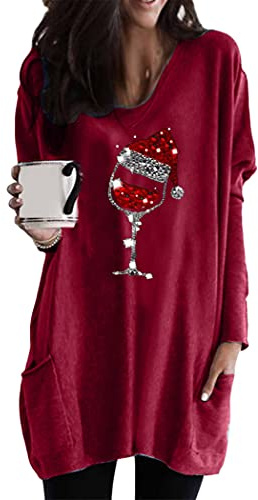 OMZIN Women Christmas Sweatshirt Tree Print Funny Letter Graphic Top Long Sleeve Shirt Pullover Tee Wine Red S