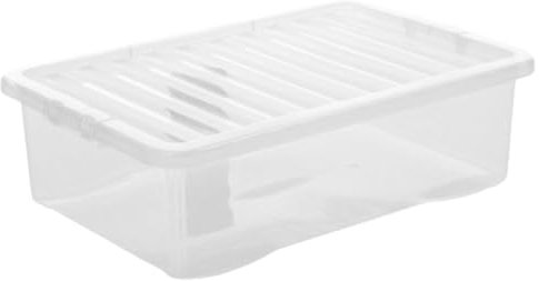 Khanary Clear Plastic Storage Boxes with Lids Clip Locking Compact Stackable Versatile Under bed Optimization Boxes Home Office Garage Kitchen Shoes Clothes Toys 32 L-UK Made (1)