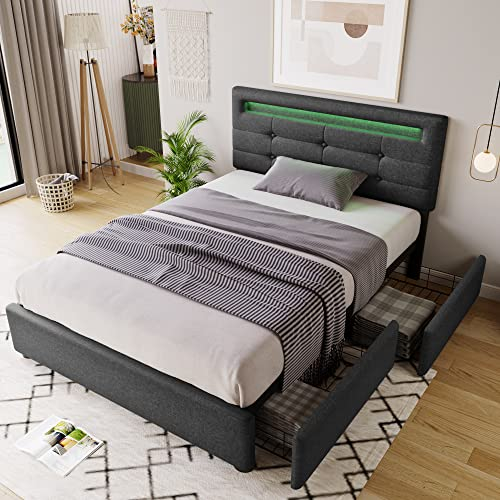 Aoskem Polsterbett Bett 90x200 cm Einzelbett, Bett mit Stauraum 2 Schubladen, LED-Kopfteil, Stauraumbett Bettgestell mit Lattenrost, Rückenlehne Flachbett Jugendbett, Ohne Matratze, Leinen Grau