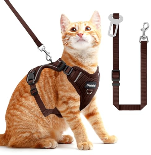 Cat Harness and Leash Set - Escape Proof Adjustable Cat Harness, Comfortable Soft Lightweight, Use Safe & Easy, Walking Travel Kitten Harness for Small Medium Large Cats, Brown, S(7-12lb)
