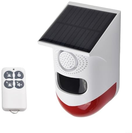 Zilimontt Alarma solar con sensor de movimiento para exteriores, alarma de seguridad de sonido de 120 dB con control remoto, detectores de movimiento infrarrojos inalámbricos, sistema de alarma