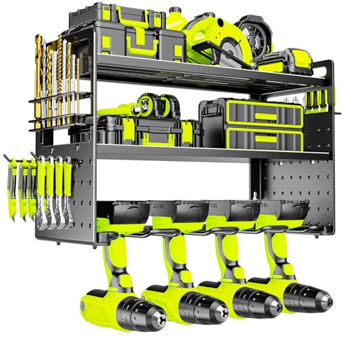 FaloStwer Power Tool Organizer Wall Mount, Drill Holder tool storage with Hooks & Screwdriver Organizer, Heavy Duty Iron 3 Layers Garage Storage Shelf for Workshop Shed Pegboard Basement(Black)