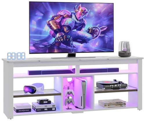Bestier Mobile TV per TV da 70 pollici, mobiletto porta TV alto con 2 luci a LED, console TV gaming con contenitore per PS5, mobiletto porta TV moderno per camera da letto e soggiorno, marmo bianco