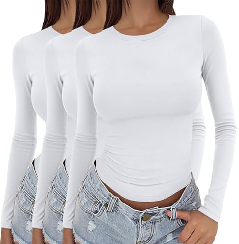3 Pack Maglietta a Maniche Lunghe Da Donna Cashmere T-Shirt Tinta Unita Sottile Maglie Termiche Maglione Base Sottogiacca Comoda E Avvolgente Pullover Collo Alto Maglietta Costine Aderente Basic Tops