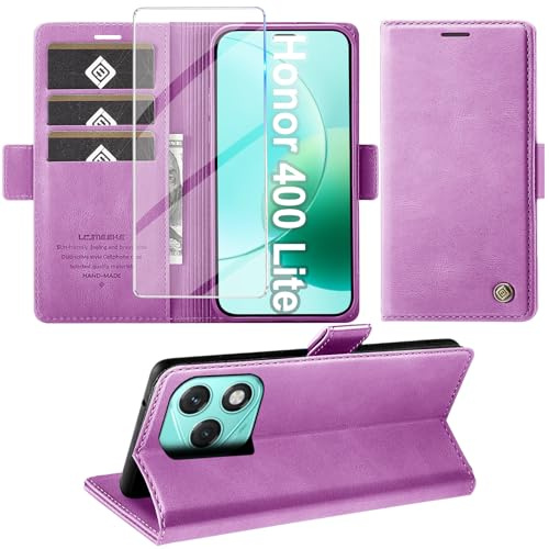 Giyer Cover per Honor 400 Lite Custodia con Vetro Temperato, Premium Pelle PU Portafoglio Slot per Scheda RFID Antifurto Funzione Supporto Flip Case, Antiurto per Honor 400 Lite 5G Cover (Viola)