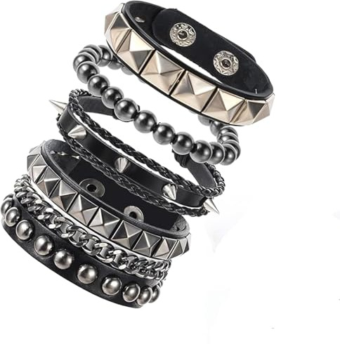 Fresilkora 4pcs Studded Bracelet, Punk Bracelets Accessories, Spiked Bracelets, 80s Gothic Jewellery Accessories Women & Men, Emo Jewellery, Adjustable Studded Punk Goth Jewellery Accessorie