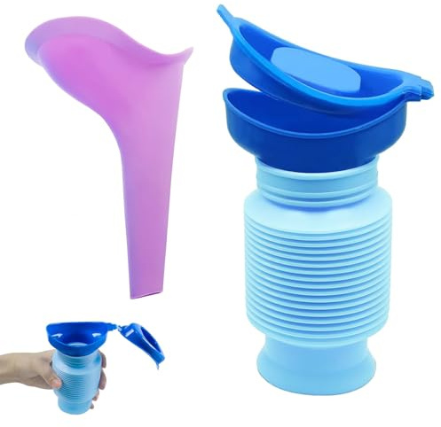 HYRKOTW Urinoir Rétractable + Entonnoir violet Urinoir Homme Femme Portable 750 ML Bouteille Urine Réutilisable Urinoir Urgence Enfant pour Camping, Voiture, Voyage, Embouteillage et File d'Attente