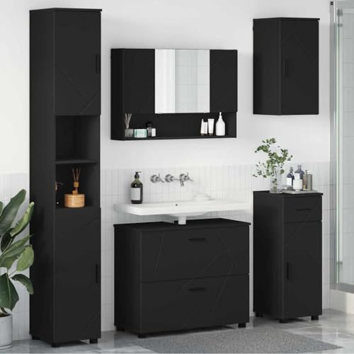 Ziaphsol Badrumsmöbler set med dörr, 5 stycken, svart plywood, metall, förvaringsutrymme, tvättställ, spegel, väggmonterad, platsbesparande, högskåp, komplett set för modernt badrum