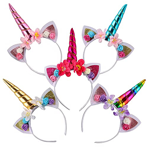 Einhorn Stirnband, Unicorn Horn Stirnband mit Ohren und Blumen, Einhorn Geburtstag Haarreif, Haarschmuck für Ostern Geburtstag Party Karneval, Head Accessoires Party Dekoration(5 Stück)
