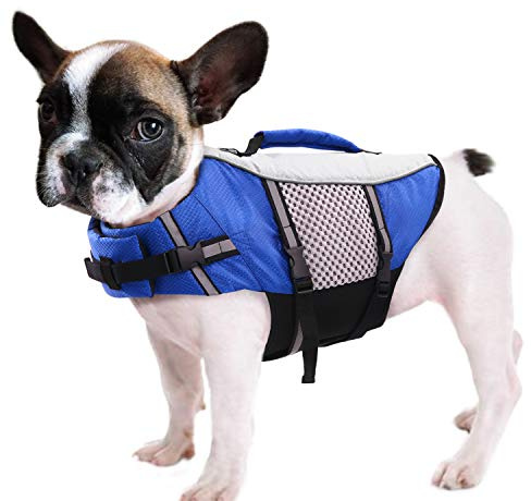 Dog Life Jacket Swimming Vest Lightweight High Reflective Pet Lifesaver with Lift Handle, Leash Ring Blue,S