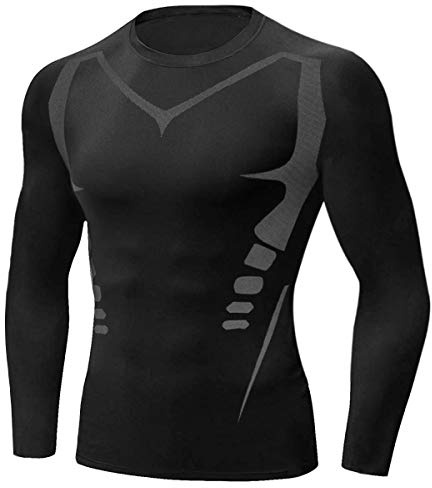 Terecey Camiseta de Compresión de Manga Larga para Hombre, Camiseta Deportiva de Hombre Transpirable, Ropa Running Hombres Camisa de Compresión Cuello Redondo M-3XL