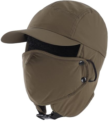 Home Prefer Waterproof Mens Winter Hats with Brim Fleece Earflaps Hat Full Cover Trapper Cap with Visor Army Green