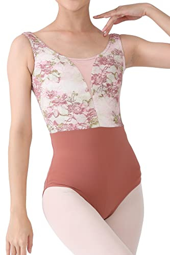 Dance Elite Evarti Women's Dance Leotard – Brown Floral Stretch Lace and Spandex Bottom Ballet Leotards for Women (Brown, Adult S)