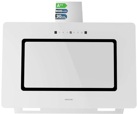 Cecotec Campana Extractora Decorativa 90cm Bolero Flux DT 908002 Glass White A++. Motor 210W, Vidrio Blanco, Inox, Succión 800m3/h, Control Táctil, 3 Niveles, Booster, Filtro Carbono, Hand Movement