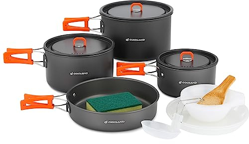 Odoland 15pcs Camping Cookware Non-Stick Lightweight Camping Pots and Pans Set with Plastic Plates Bowls Soup Spoon for Camping, Backpacking, Outdoor Cooking and Picnic