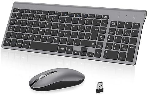 cimetech Teclado y Ratón Inalámbrico, 2.4G Combo Teclado Raton Inalambrico Español 2 en 1 USB Ultra Delgado Silencioso Mouse,Teclado y Ratón para PC/Laptops/Ordenador (Gris)