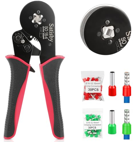 Crimpadora de Terminales Alicates 0.08-16mm²/AWG28-5 con 30pcs 10mm²& 30PCS 16mm²Conectores, Alicates de Terminales Crimpadora Punteras