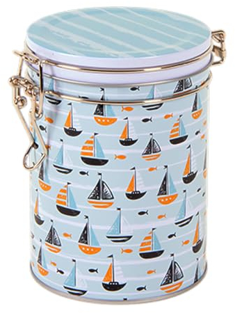 Nautical - Sailing Boats - Round Tea Caddy/Kitchen Storage Tin - Clip Lid - Aqua/Turquoise/White - 200 g - Size 13 x 12 x 9.5 cm