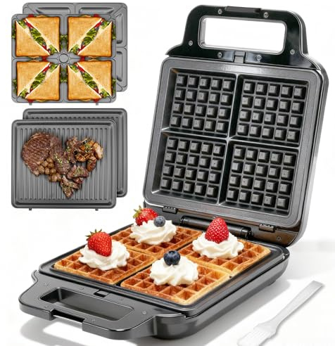 FineMade Belgian Waffle Maker with Removable Plates, Waflera Electrica, Large Waffle Iron, 3 in 1 Panini Grill Press Breakfast Sandwich Maker, Electric Griddle, Grilled Cheese Maker, Breakfast Station