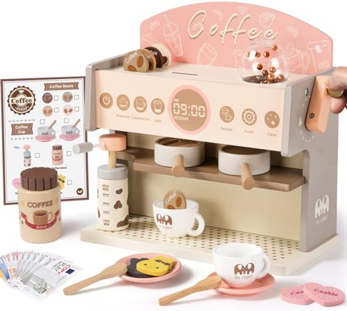 Atoylink Kaffeemaschine Kinder Holz Kaffeeservice Spielzeug mit Kaffeebohnen Schleifer Belüfter, Kinderküche Kaufmannsladen Zubehör Kaffeebar Holzspielzeug Geschenk für Kinder 3 4 5 6 7 Jahren, Rosa