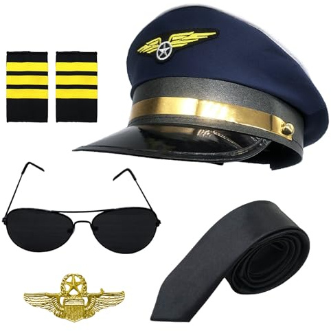 WUEURU 6PCS Pilot costume Accessories Set,Airline Pilot Captain Costume Halloween Dress Up Accessories Set for Cosplay