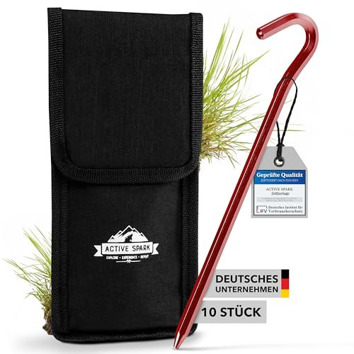 ACTIVE SPARK Hochwertige stabile Aluminium Zeltheringe als Camping Zubehör [10er Set Rot] Langlebig, robuste und leichte Bodenanker + Tragetasche, Erdanker, Heringe, Erdnägel, Erdhaken