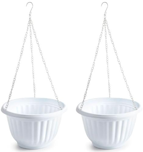AC - Pack de 2 macetas Redondas Colgantes de plástico, Tiesto, macetero, Recipiente para Plantas, Flores, balcón, terraza, hogar, Fabricada en España (Blanco, 25 x 15 cm)