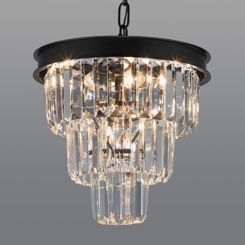 Weesalife Crystal Chandeliers for Dining Room Light Fixtures Over Table，4-Lights Modern Black Crystal Pendant Lighting Fixture，3 Tiers Small Chandeliers for Kitchen Island Bedroom Entryway D12 Inch