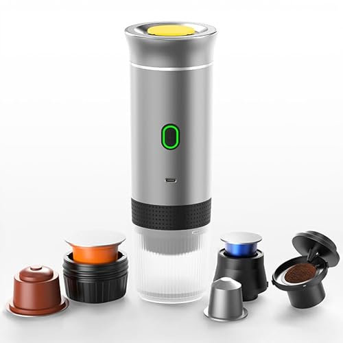 YOPOTIKA Cafetera espresso eléctrica portátil 3 en 1 compatible con cápsulas originales Nespresso y otras cápsulas, café molido, autocalentador, 60 ml, color plateado