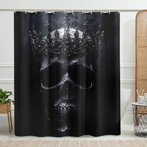 Skull Shower Curtain, Black Gray Skull Design Bathroom Decor for Halloween Gothic Style, Modern Dark Aesthetic Waterproof Fabric Shower Curtain Set with Hooks 62x72 Inch