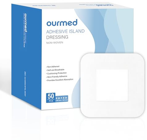 Ourmed Sterile Wundpflaster 10 x 10 cm, Selbstklebender steriler Wundverband mit starker Haftung, schützt vor Schnitten und Kratzern, schmerzfrei zu entfernen, einzeln verpackt, Packung mit 50 Stück